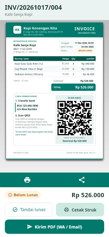 Invoice dengan tombol cetak struk