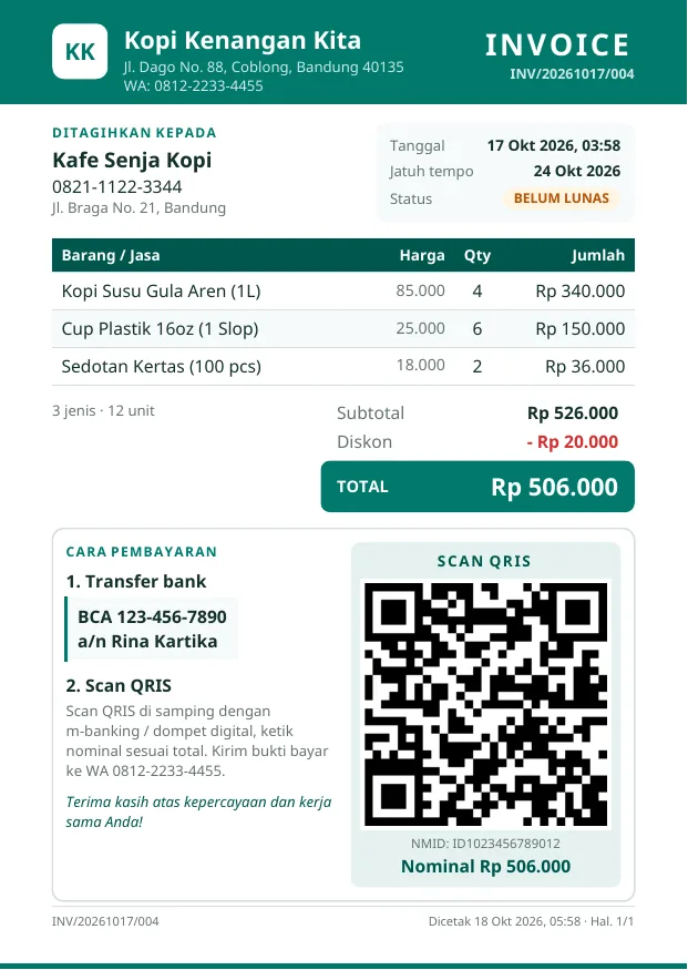 Invoice A6 dengan QRIS